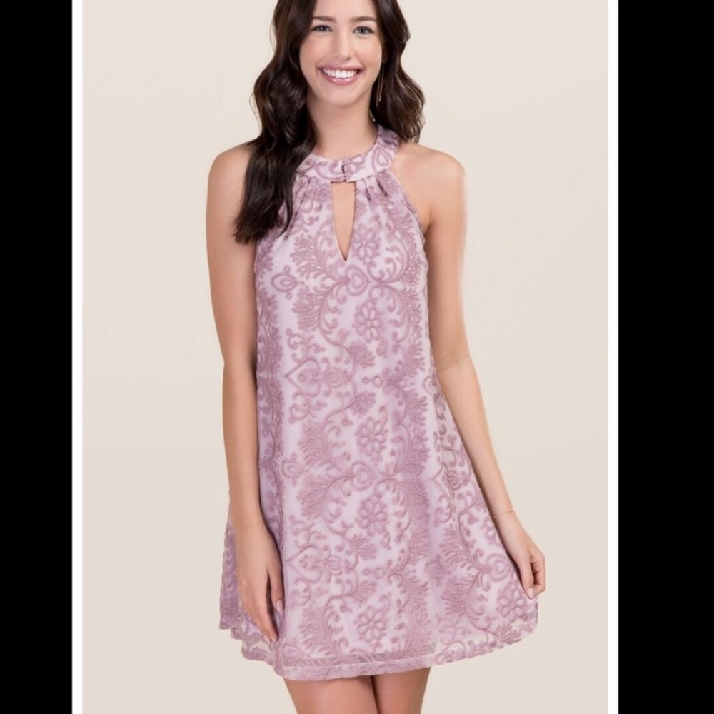Francesca’s Knoxville Lace Halter Shift Dress mauve lavender